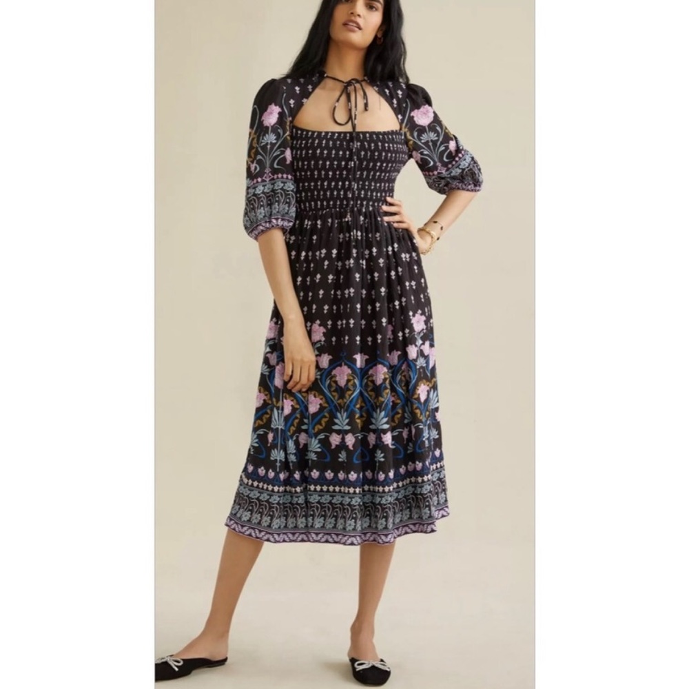 Anthropologie Dasha Smocked Midi Dress Floral Black Size Medium